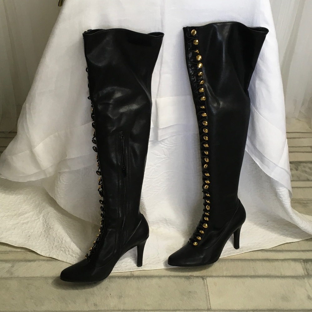 Jeffrey Campbell Corset “Endorse”Black Knee-High Boots with Gold Accents Size 7